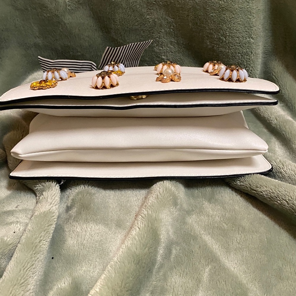London Fog Cream Satchel with Gold Handle and Striped Bow Accent - Picture 2 of 6